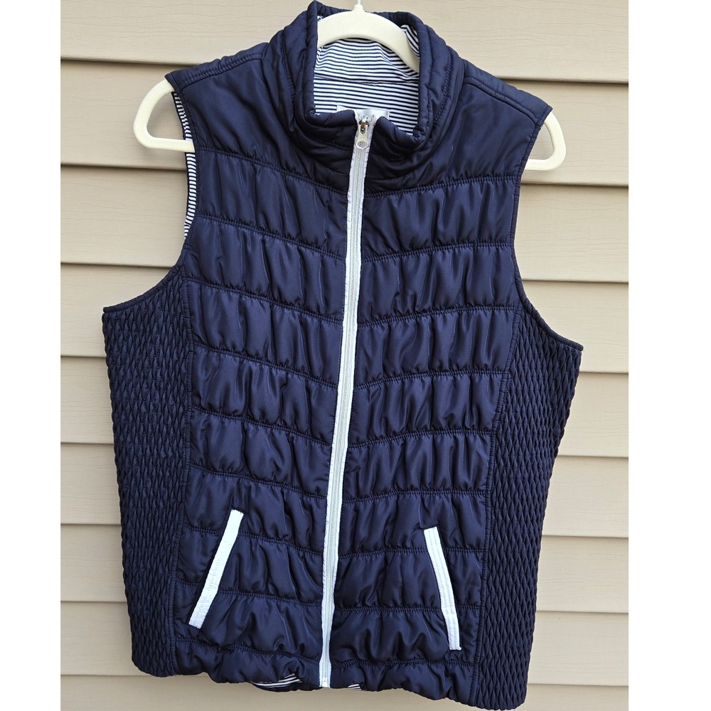 Cj Banks Navy Blue Quilted Puffer Vest Smocked Sides Striped Lining Womens 1X